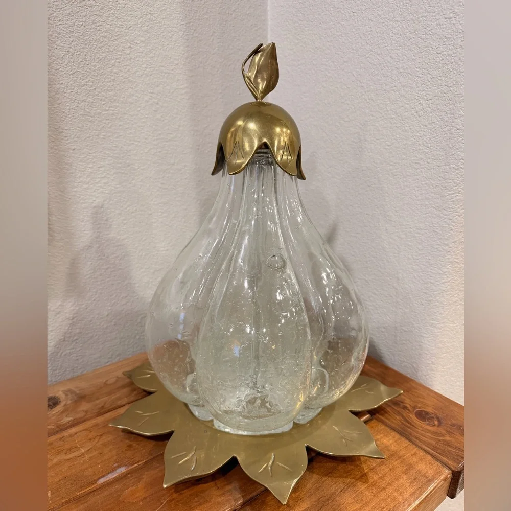 Vintage Italian Glass Pear Decanter Set 5 Bottles Brass Leaf Stand MCM 1960s